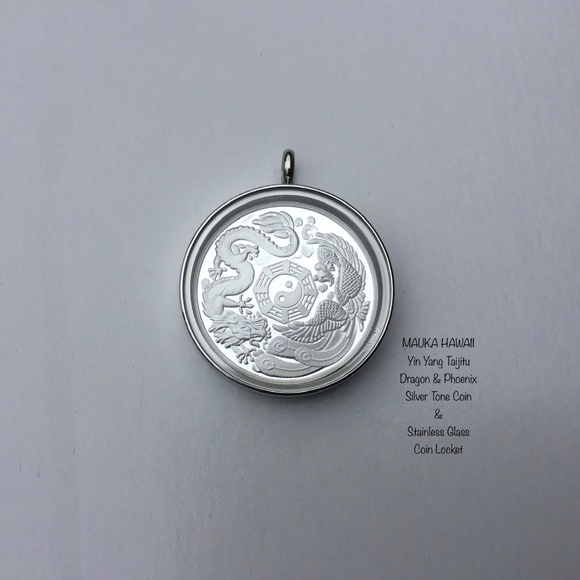Yin Yang Taijitu Silver Tone Coin & Glass Stainless Locket 60cm Stainless Chain - Picture 6 of 10